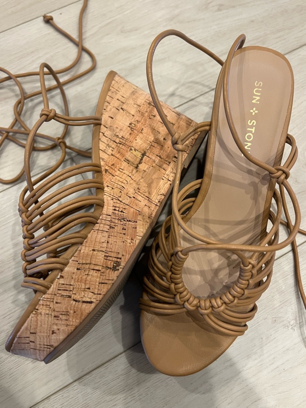 Sun + Stone Tan Strappy Cork Wedge Sandals with Lace-Up Detail